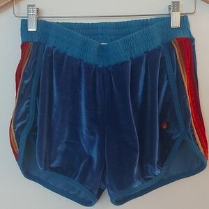 Aviator Nation Blue Velour Shorts With Rainbow Stripe At Sides Size XL